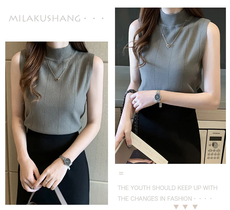Korean Fashion Ladies Tops Spring New Summer Women Tops Casual Clothes Sleeveless Solid Women Blouse Knit Elastic Blusas 8623 50