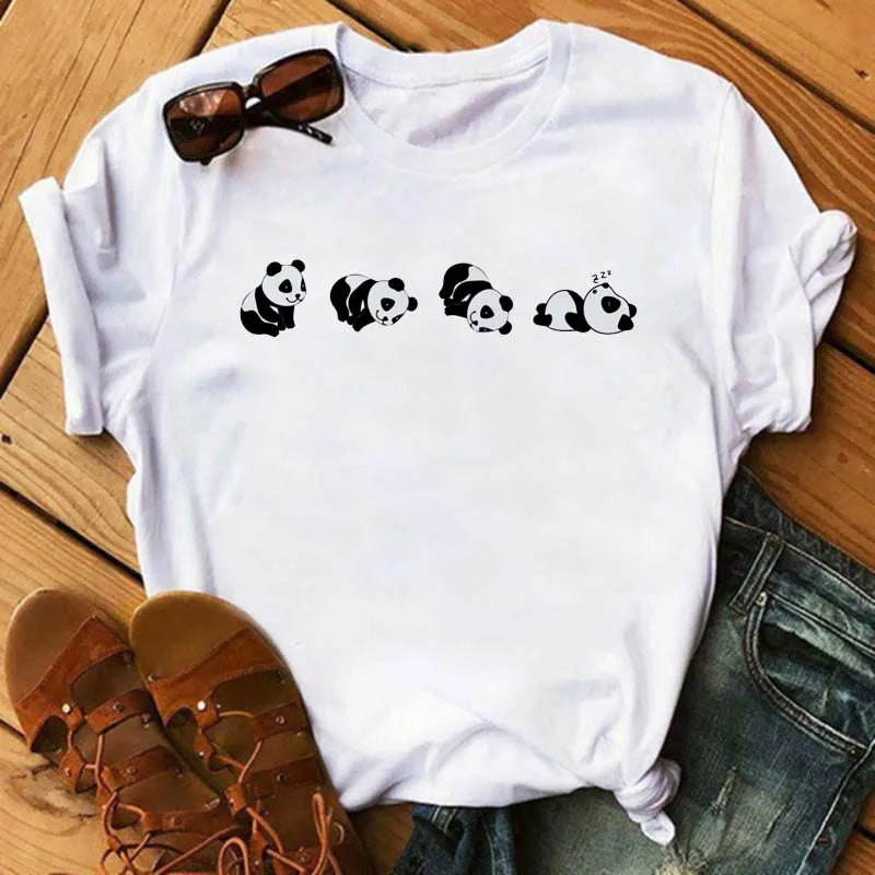 Maycaur Summer Women T Shirt Loose Tops Cute Panda Heart Print Short Sleeve Female Loose Casual T-shirt Ladies Top Teeadad