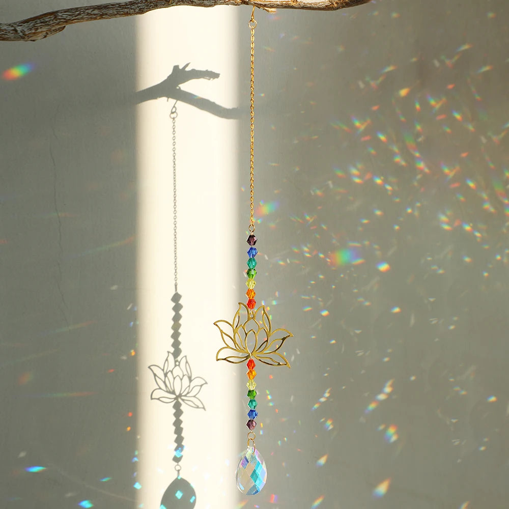 Crystal Sun Catcher Lotus Hanging Suncatcher Rainbow Maker Chakra Light Catcher Stained Glass Window Outdoor Garden Decoration