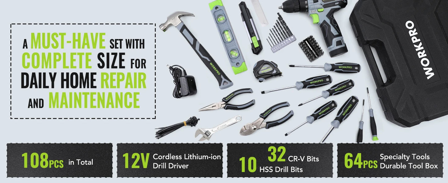 WORKPRO Home Tool Kit with Power Drill, 108PCS Power Home Tool Set with 12V 1.5 Ah Battery Powered Screwdriver and Tool Box