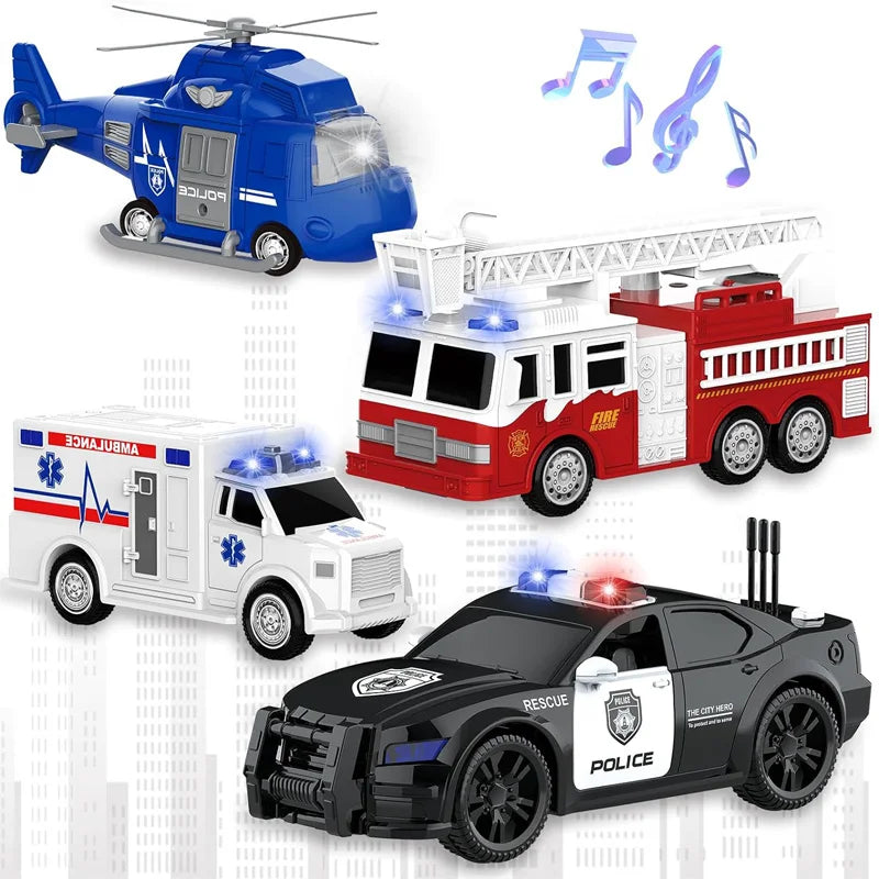 4 Packs Emergency Vehicle Toy Playsets, Friction Powered Vehicles with Light and Sound, Including Fire Truck, Ambulance Toy, Pla