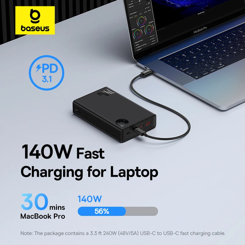 Baseus 140W Power Bank 24000mAh Fast Charging Portable Battery Charger 3 Output Ports for iPhone 16 Pro Max Notebook Tablet