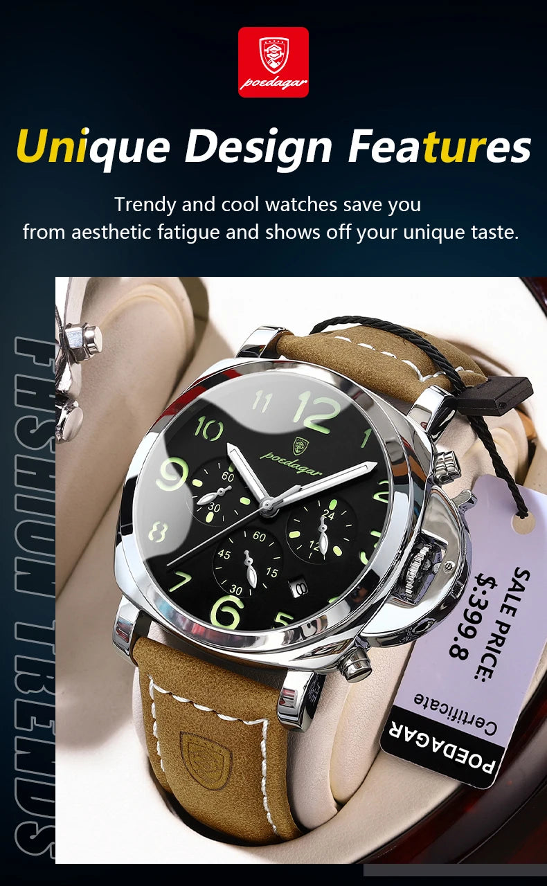 POEDAGAR Luxury Man Watch Chronograph Waterproof Luminous Date Watch for Men Casual Leather Sports Military Men's Quartz Watches