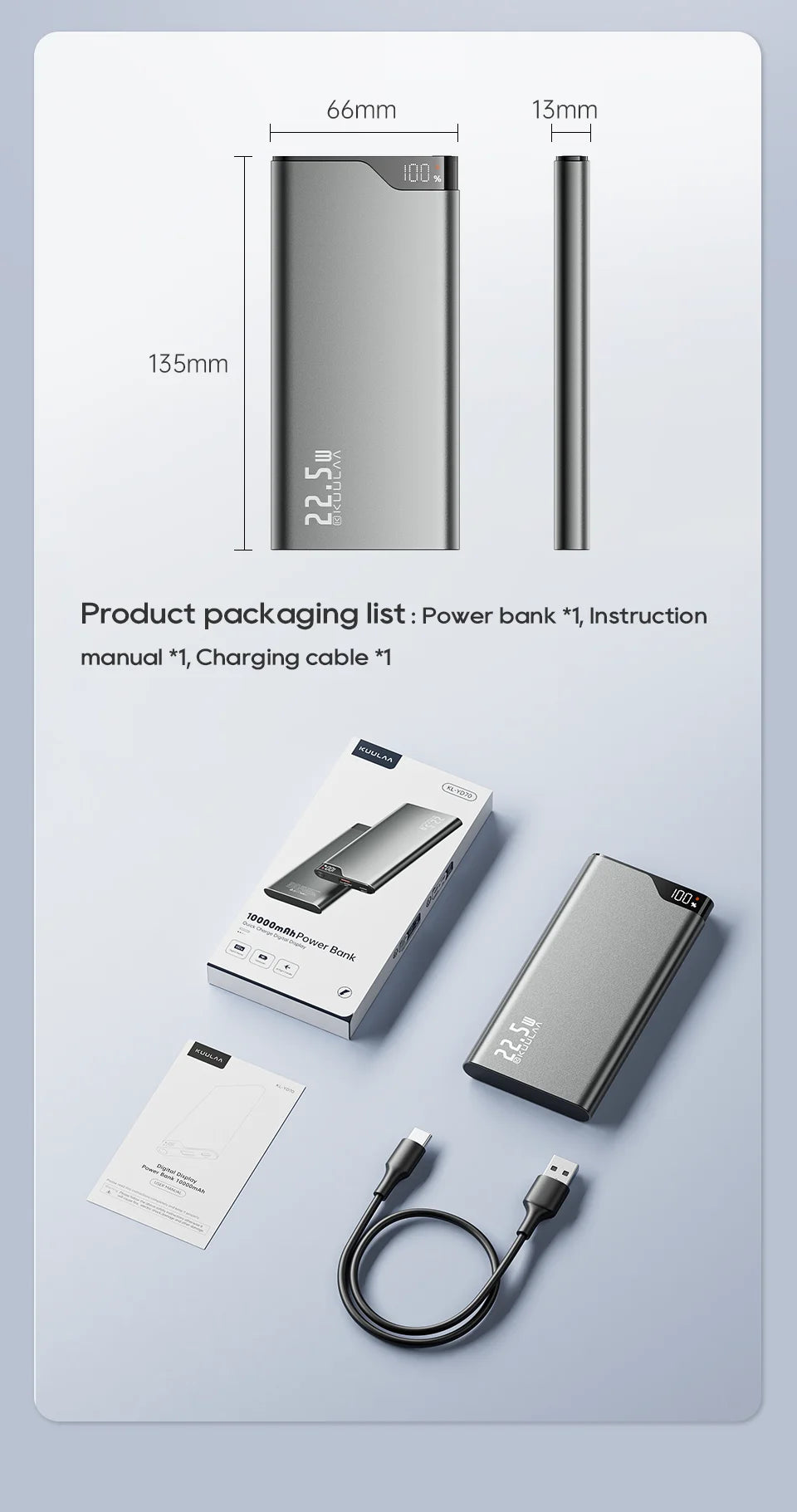 KUULAA 22.5W Power Bank 10000mAh Portable Charger PowerBank Fast Charging External Battery For iPhone 16 15 14 batterie externe