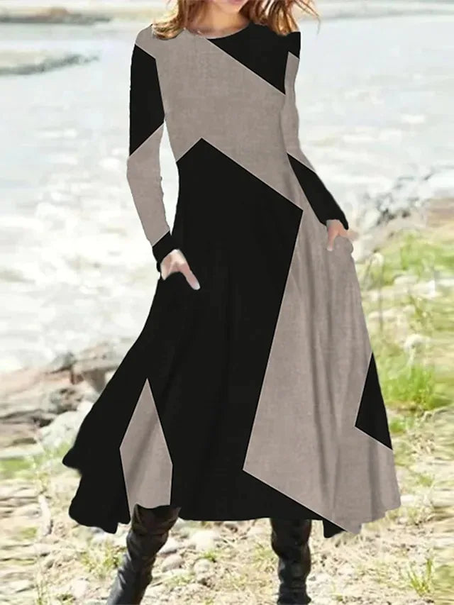 New 2024 Women's Casual Elegant Party Dress Contrast Color Ladies Spring Autumn Loose Long Sleeve Dress with Pockets Midi Dress