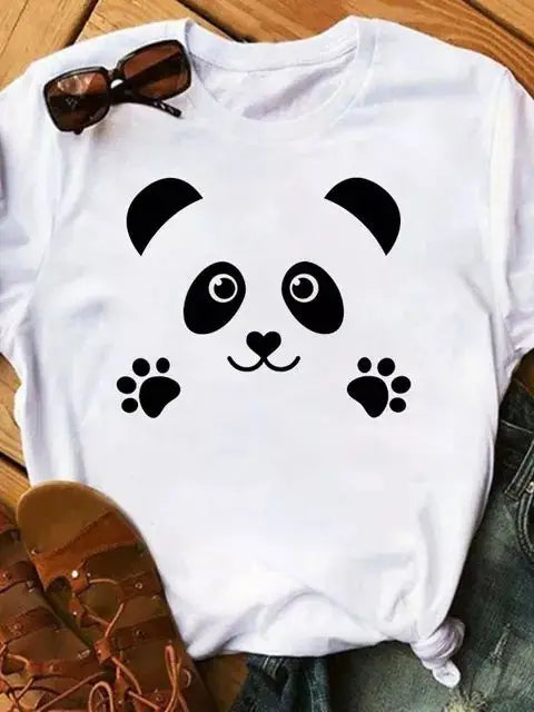 Maycaur Summer Women T Shirt Loose Tops Cute Panda Heart Print Short Sleeve Female Loose Casual T-shirt Ladies Top Teeadad
