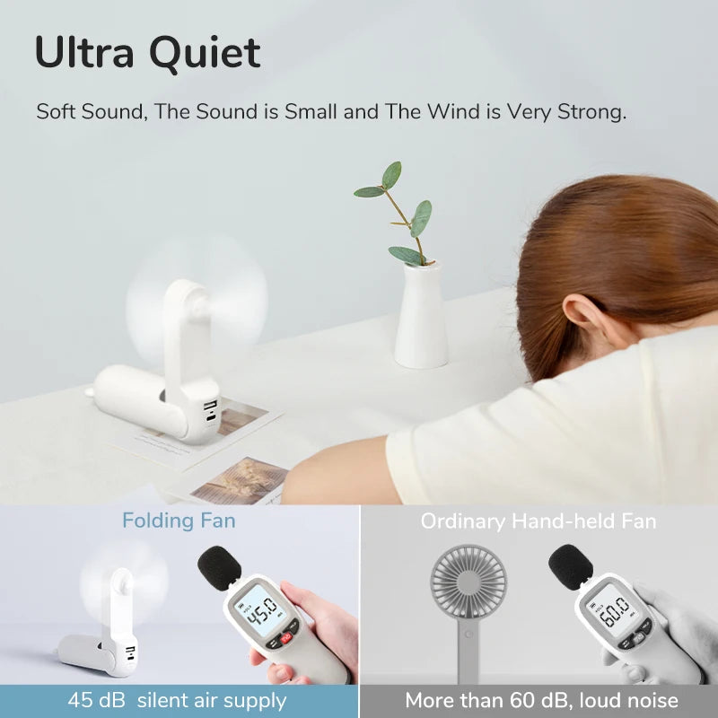 JISULIFE 3 in 1 Pocket Mini Handheld Fan,USB 4500mAh Rechargeable Portable Fan with Power Bank&Flashlight,Travel,Camping,Outdoor