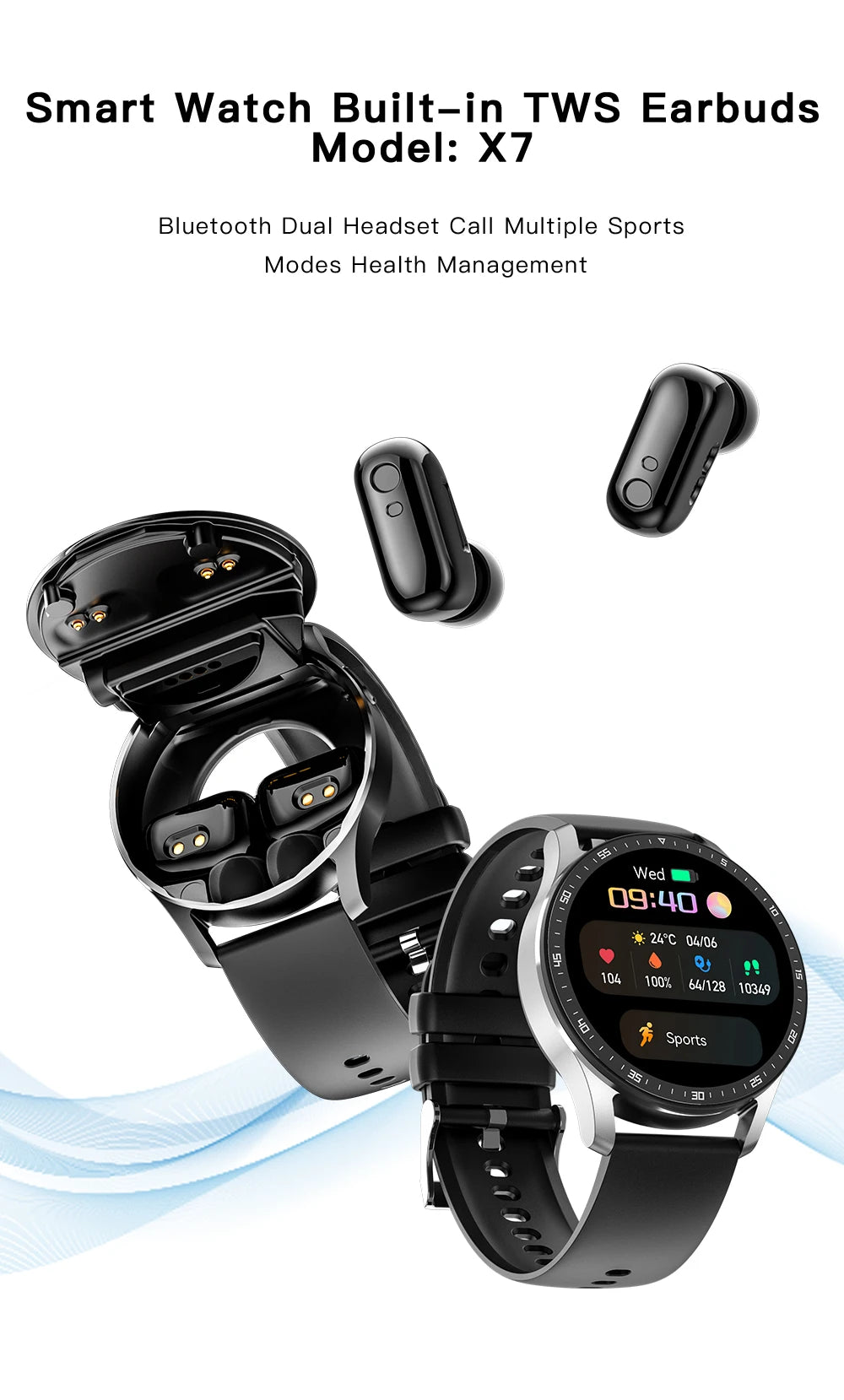 X10 Smart Watch Two In One TWS Wireless Bluetooth Call Headset Full-Touch Large Screen Heart Rate Monitor Sport Music Smartwatch