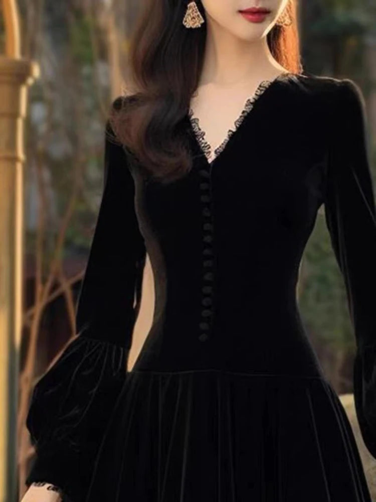 OCEANLOVE 2024 Spring Autumn Women Dresses Velvet Hepburn Style Solid Lantern Sleeve Vestidos Mujer French Vintage Long Dress