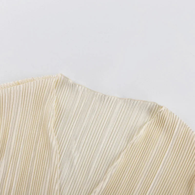 Women Pleated Plain Shirts Spring Fall Chic Long Flare Sleeve V- Neck Tie Up Cardigans Tops for Casual Party Street