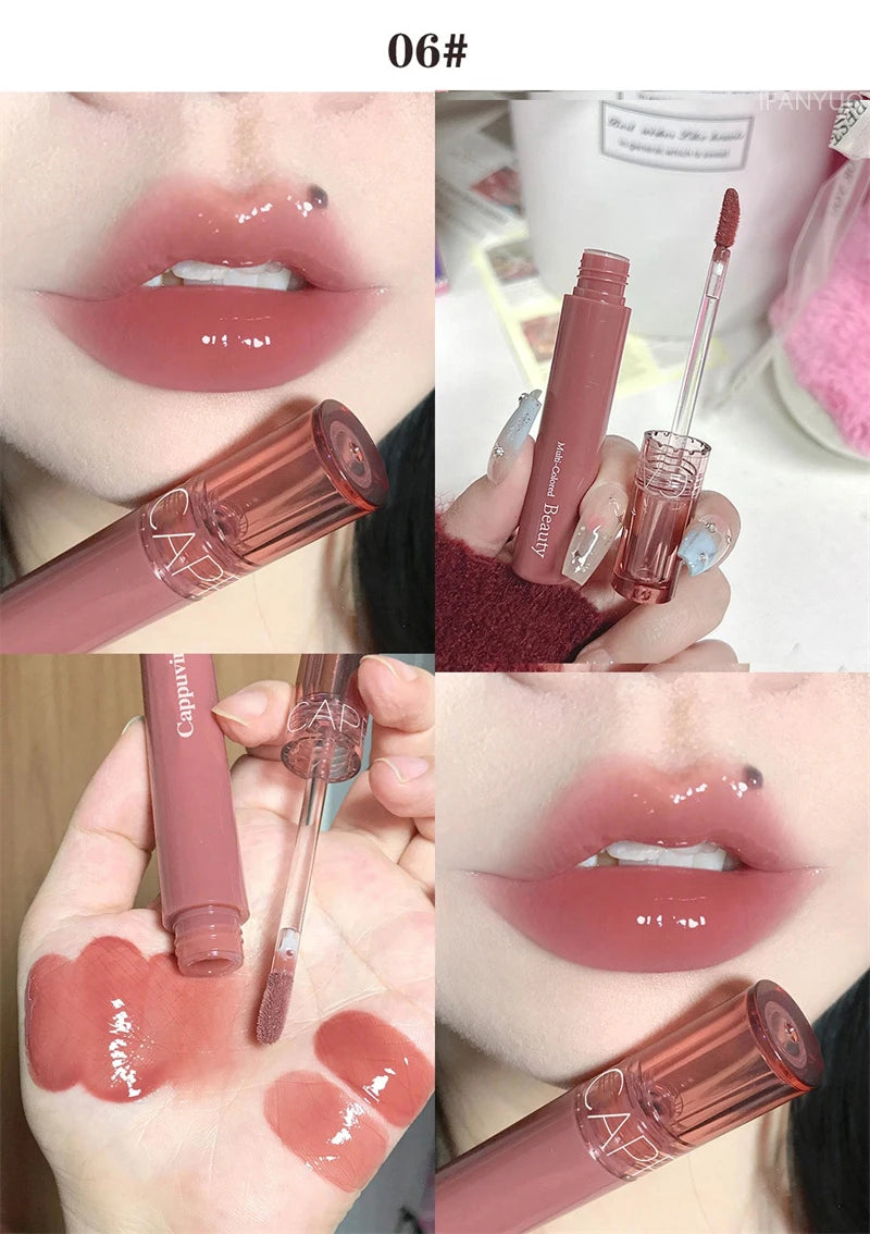 Waterproof Mirror Jelly Lip Glaze 6 Colors Water-light Lip Gloss Long Lasting Moisturising Glossy Red Tint Lips Makeup Cosmetics