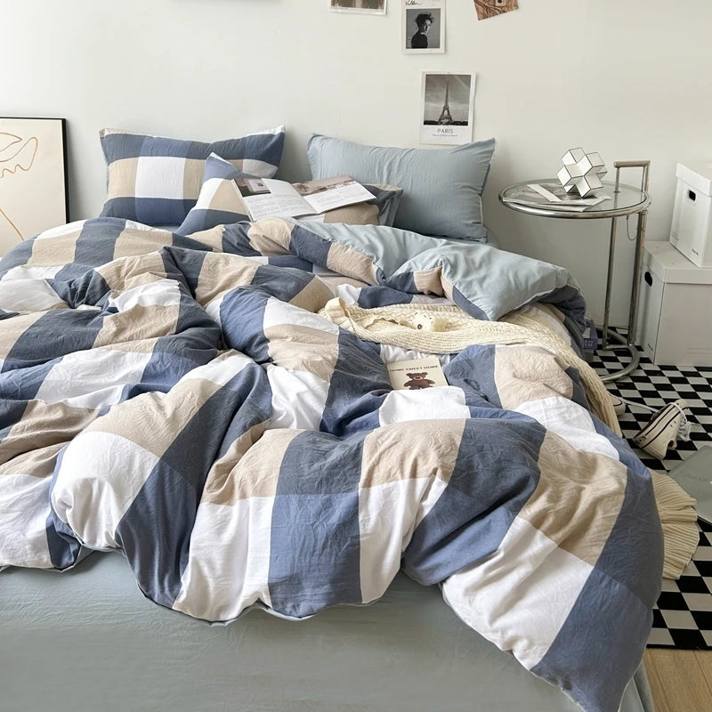 Bed Linen Washed Cotton Striped Grid Minimalist Bedding Sheet Set Comforter Sets Queen Duvet Cover Double For Boys And Girls