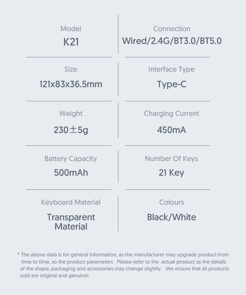 K21 21-Key Mechanical Keyboard, BT/2.4Ghz/USB-C Connection, Colourful Lighting, Full Key Hot-Swap for PC Laptops