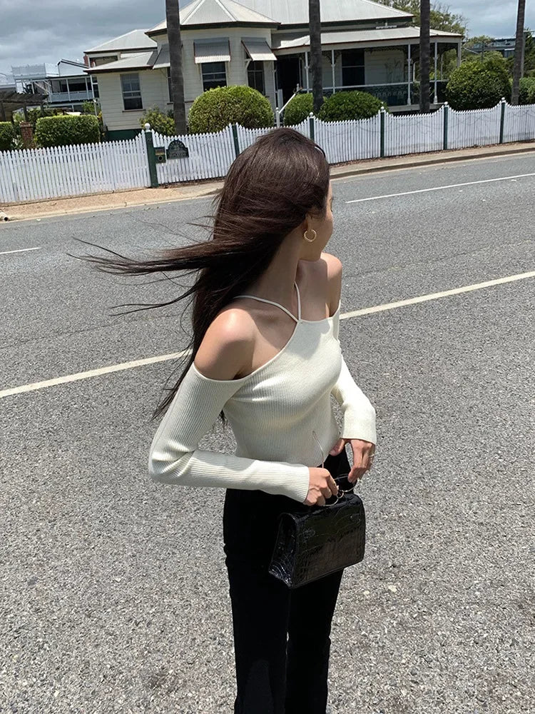 Women Crop Sweater Sexy Off Shoulder Slim Knitted Sweaters Long Sleeve Halter Knit Top Y2k Fashion Pullover Korean Streetwear