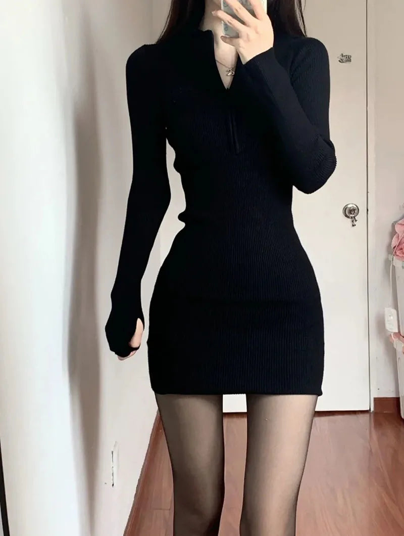 Xpqbb Black Sexy Slim Bodycon Dress Ladies Fall Winter Long Sleeve Zipper Collar Knit Dresses Woman Korean Ribbed Mini Dress