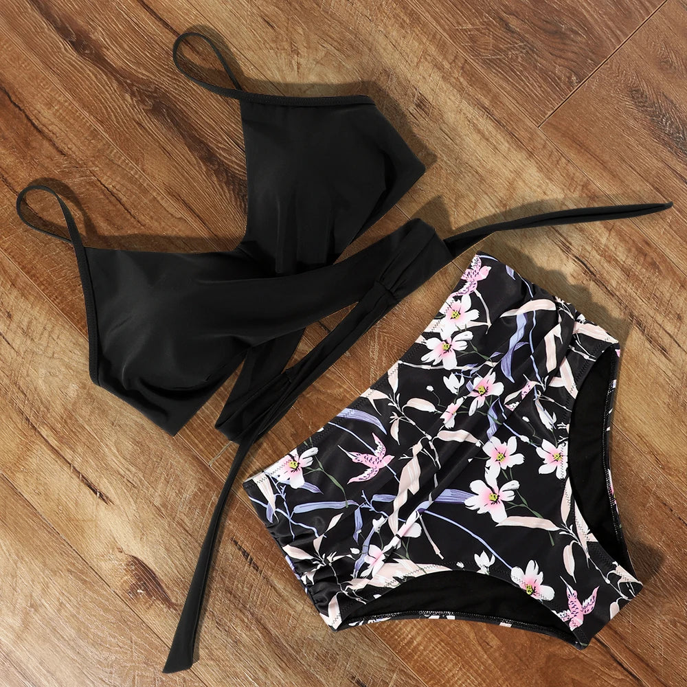 High Waist Sexy Bikini Set 2024 Biquini Swimwear Women Two Pieces Swimsuit Floral Beachwear V-Neck Bathing Suits Female