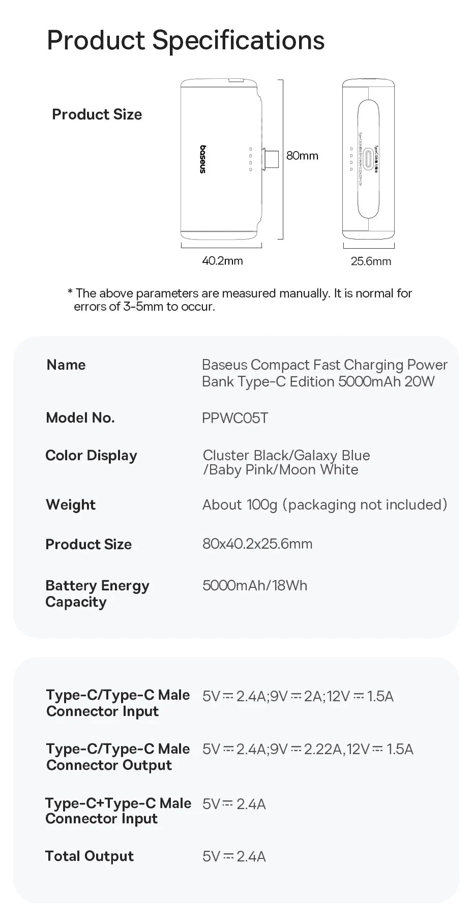 Baseus Mini Power Bank 20W 5000mAh Type C Fast Charging External Battery PowerBank for iPhone 15 Pro Max Samsung Xiaomi