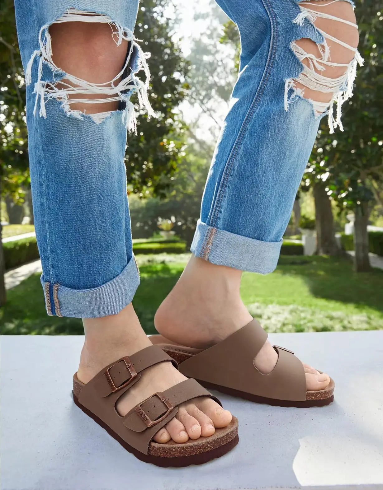 Kidmi Women Cork Suede Mules Slippers Outdoor Antiskid Beach Slippers Classic Cork Footbed Women Sandals With Adjustable Buckle
