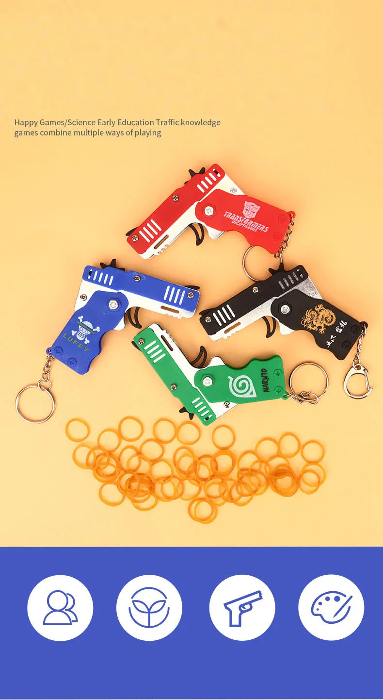 1PC MINI Toy Gun Keychain 50 Rubber Bands Folding Rubber Band Gun Shooting Pistol Alloy Key Charm Pendant Kid Outdoor Party Gift