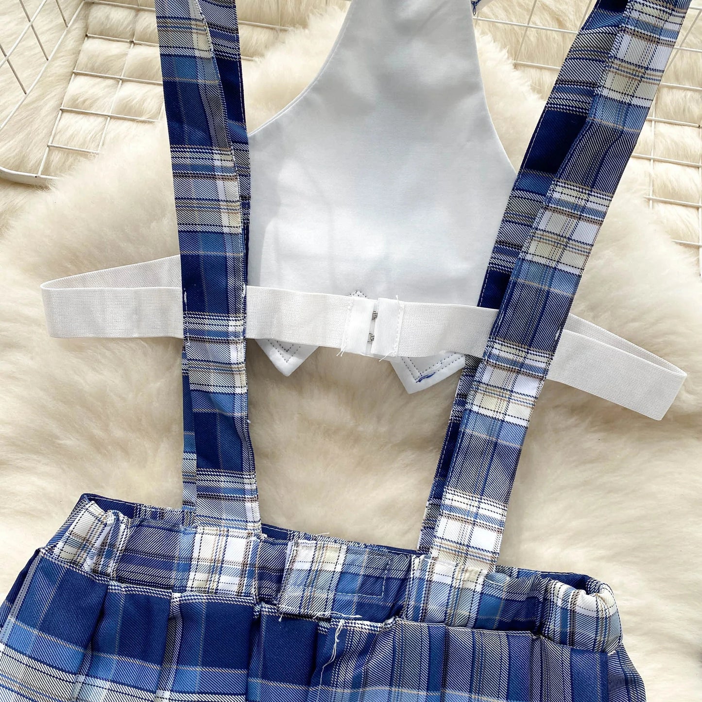 Girls Sexy Cute Japanese JK Uniform Mini Checkered Strap Skirt Off Shoulder High Waist Elastic Cosplay Dress Hot Sweet Pajama