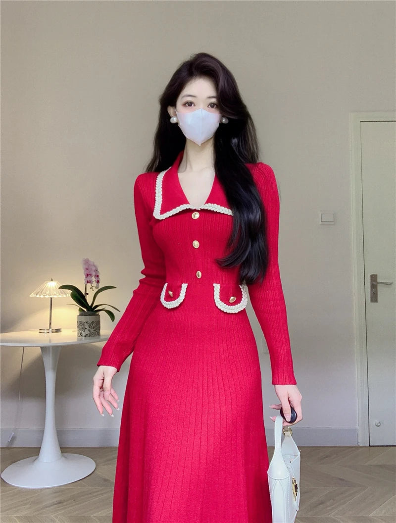 New Women French Knitted Dress Autumn Winter Slim A-line Lapel Casual Knitted Dresses Ladies Elegant Long Sleeve Midi Dress