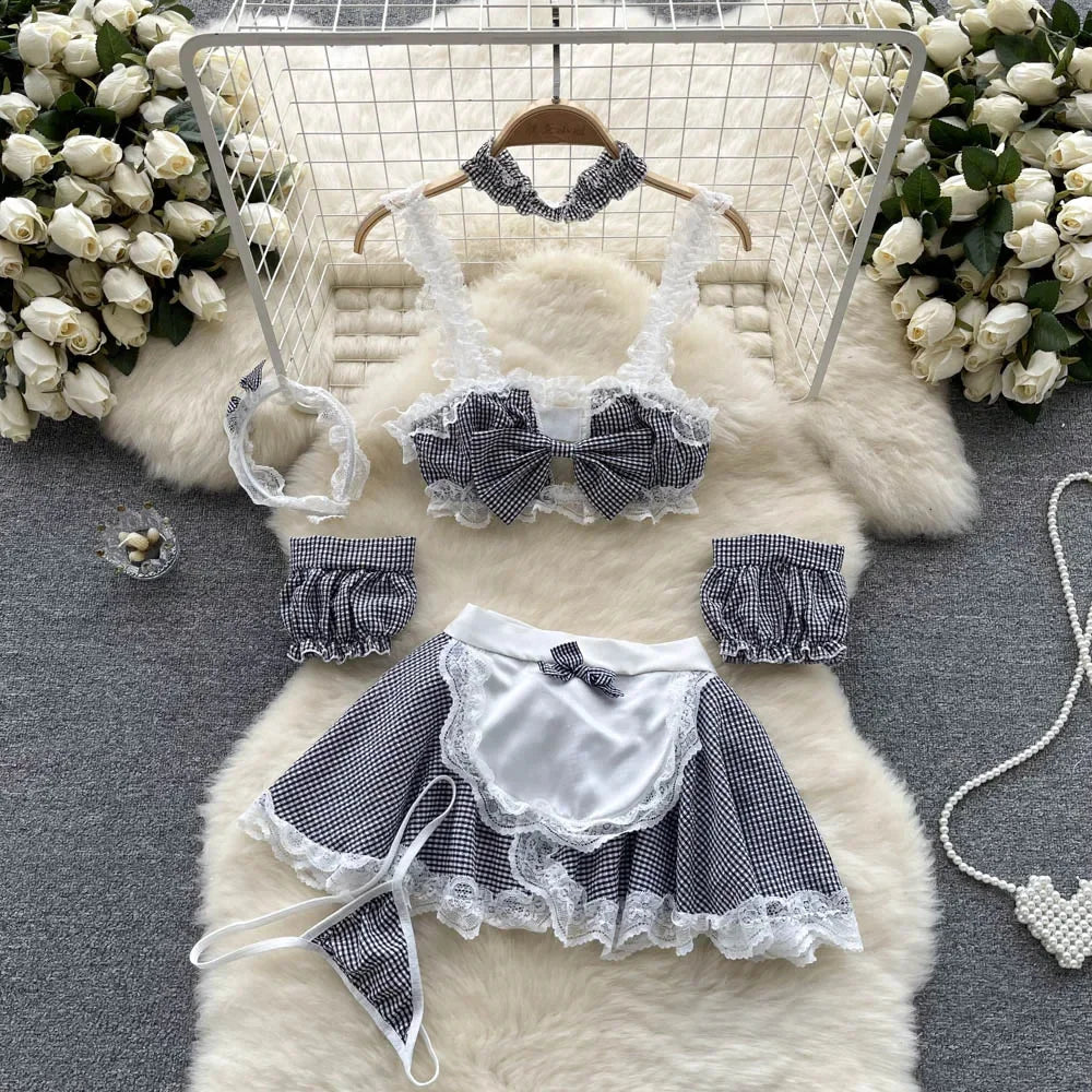 Girls Sexy Cute Japanese JK Uniform Mini Checkered Strap Skirt Off Shoulder High Waist Elastic Cosplay Dress Hot Sweet Pajama
