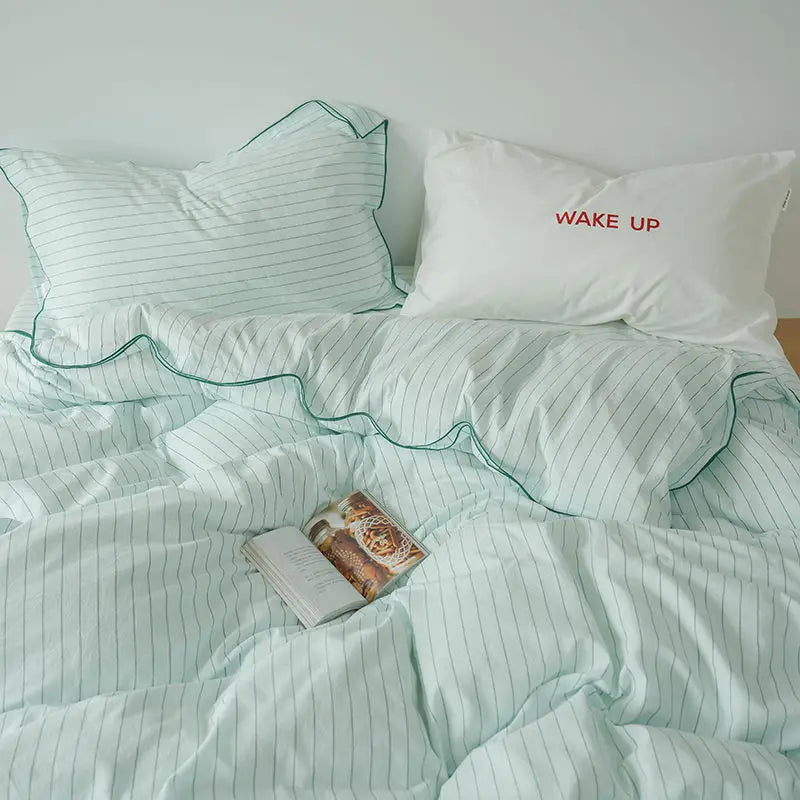 Mint Manbo Rolled Edge Washed Cotton Bed Four Piece Set, Duvet Cover, High-end Bed Sheet, Student Bed, Dormitory Three Piece Set