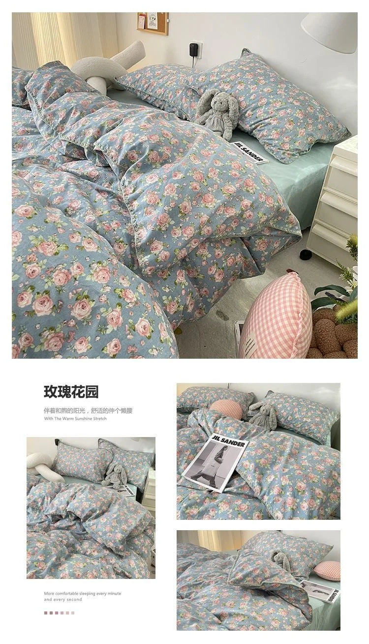 Bedding Set INS Girls Cherry Soft Washed Cotton Bed Sheet Queen King Size Duvet Set Comforter Set Pillowcase Bed Linens
