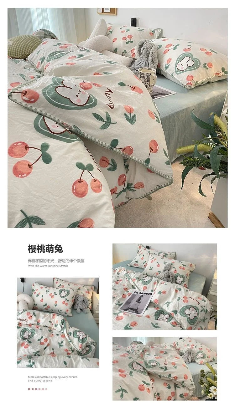 Bedding Set INS Girls Cherry Soft Washed Cotton Bed Sheet Queen King Size Duvet Set Comforter Set Pillowcase Bed Linens