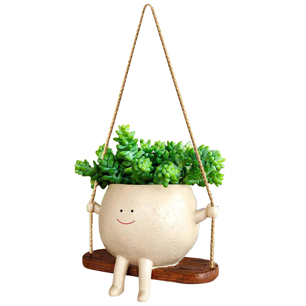 Flower Pot Wall Planter Swing Face Planter Pot Resin Smiling Face Planter Creative Wall Hanging Head Planter Garden Accessories