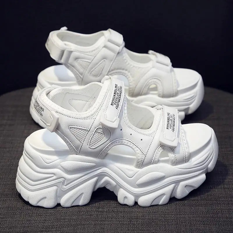 Fujin 8cm Women Sandals Platform Thick Sole Chunky Shoes Platform Ins Casual Summer Shoes Sandals Beige Black Comfortable