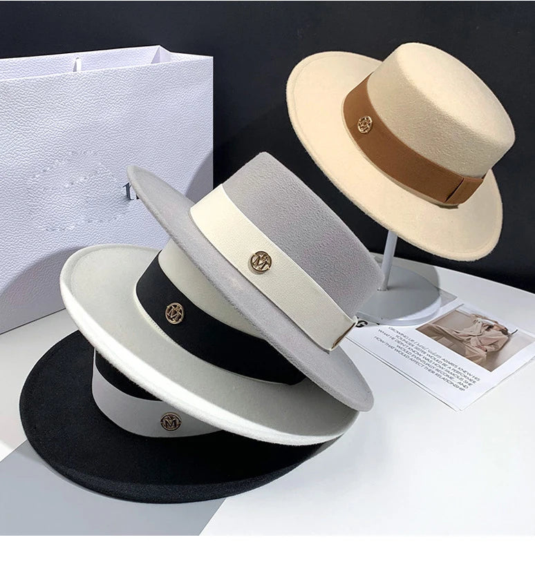 Fedora Hats for Women Flat Top Fashion Elegant Bowler Dress Caps Panama Church Wedding Ribbon Band Hat Men Felt Jazz Hat