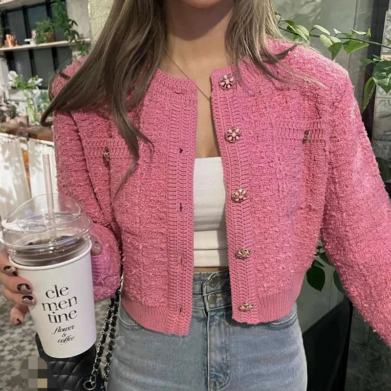 Korean Style Pink Round Neck Cropped Cardigans for Women Chic Button Long Sleeve Knitted Coats Woman Pocket Bling Short Cardigan