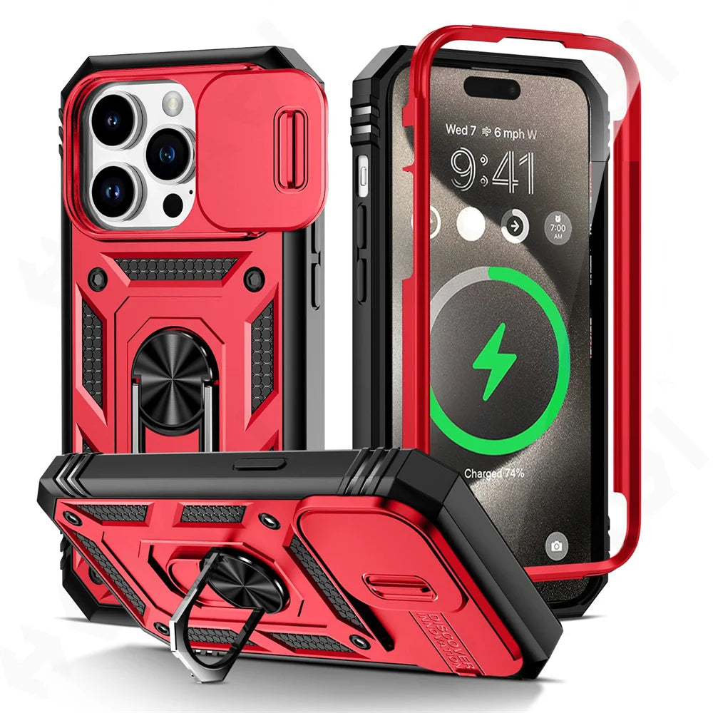 Case For iPhone 16 15 14 13 12 11 Pro XS Max XR Plus Camera Slide Military Grade Armor Protection 360 Degree Rotate Armor Cover