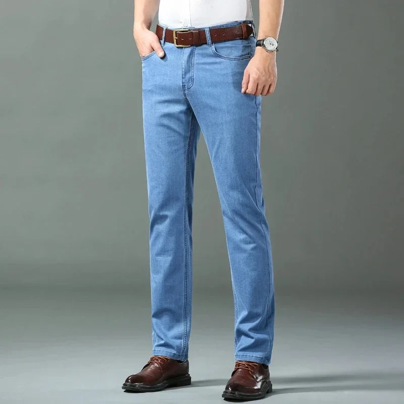 Spring Summer Thin Denim Pants Men Straight Cotton Stretch Jeans Business Classic Casual Lightweight Breathable Trousers