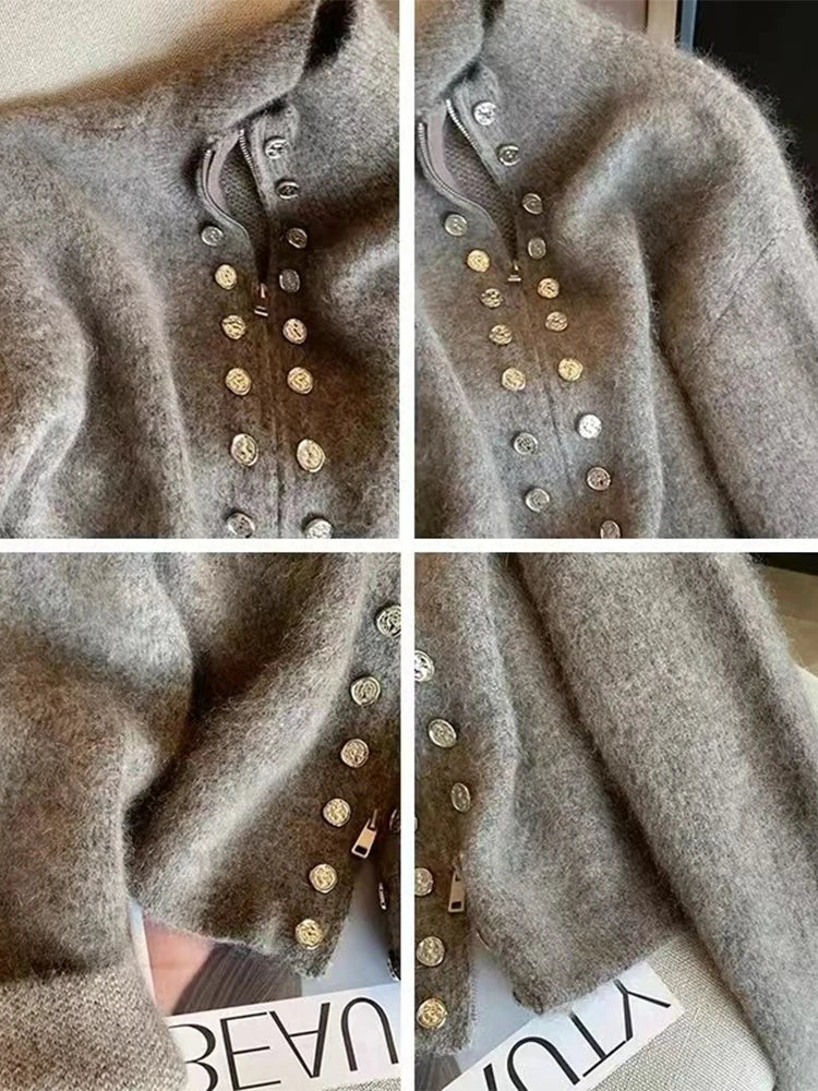 Women's Grey Cardigan Sweater Harajuku Korean Y2k Long Sleeves O-Neck Cashmere Sweaters Jumper Vintage 2000s Clothes Autumn 2024