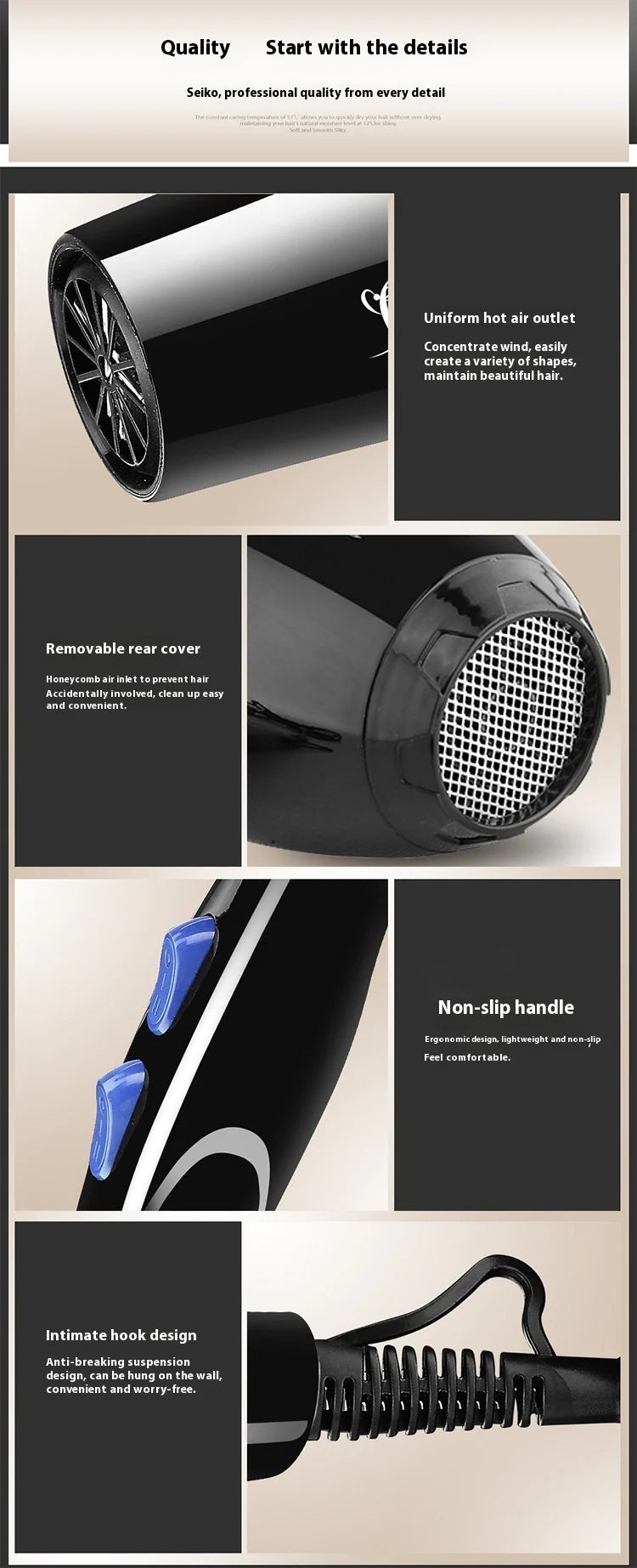 Hair Dryer 2200W Professional Powerful Hair Dryer Fast Heating Hot And Cold Adjustment Ionic Air Blow Dryer with Air Collecting