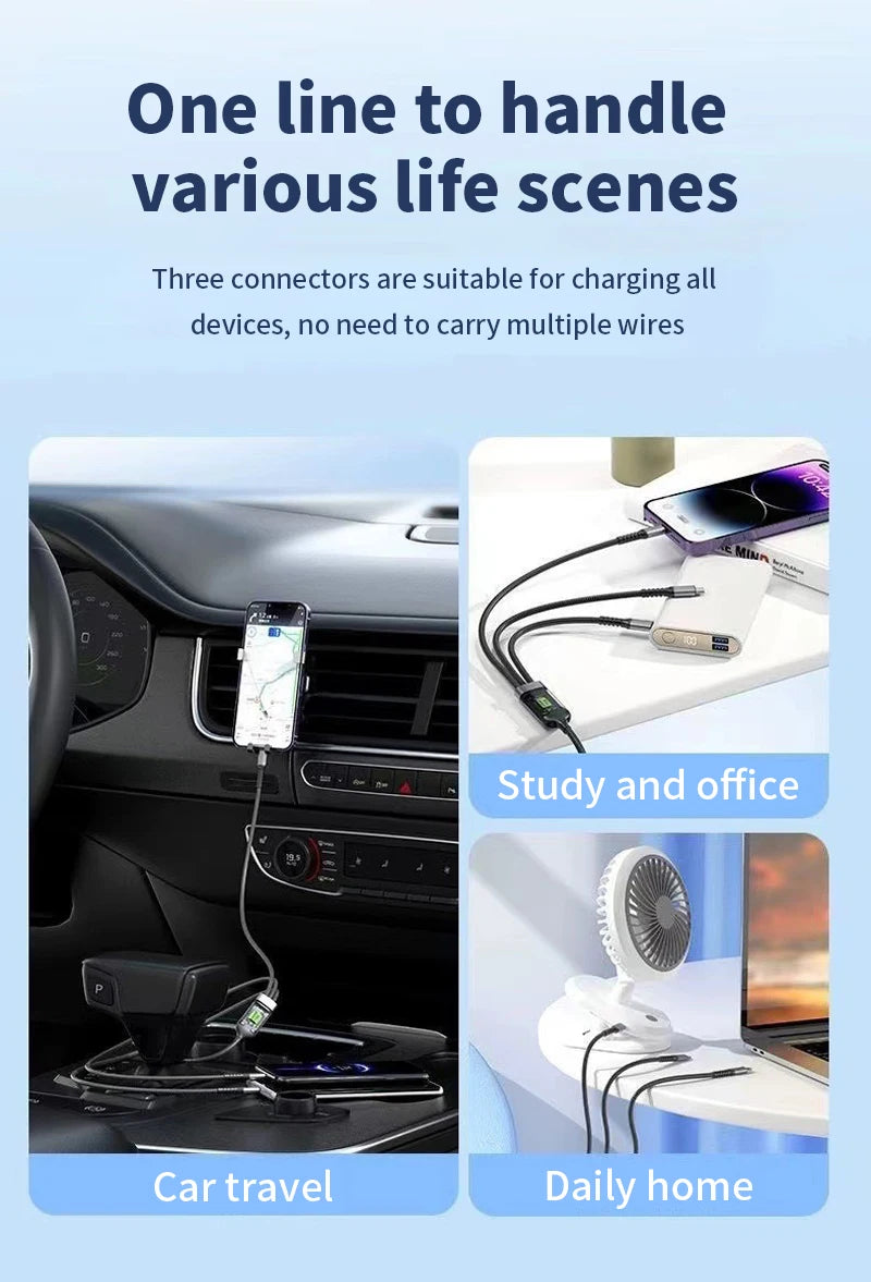 3 In 1 100W LED Digital Display USB cable Type C Usb Micro For Iphone Samsung Huawei Xiaomi Multi Port Multiple Charging Wire