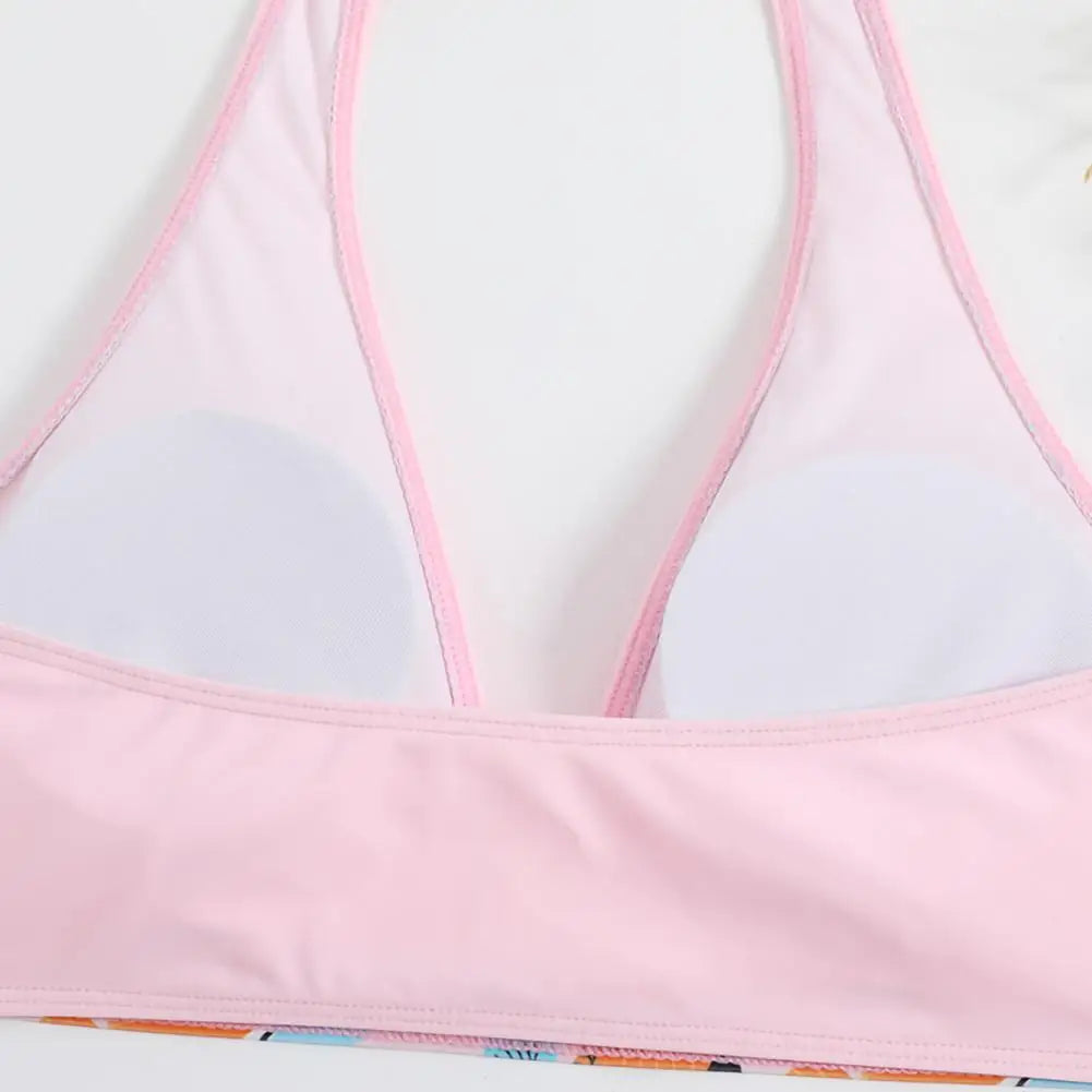 2Pcs/Set Bikinis Set Bowknot Decor Floral Print Bikini Backless Halter Bra High Waist Beachwear Female Beach Clothing