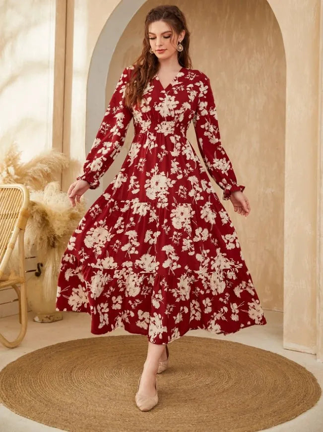 Autumn Women's New Sexy V-neck Fashionable Printed Cake Long Sleeves Medium To Long Length Casual Comfortable Dress For Women