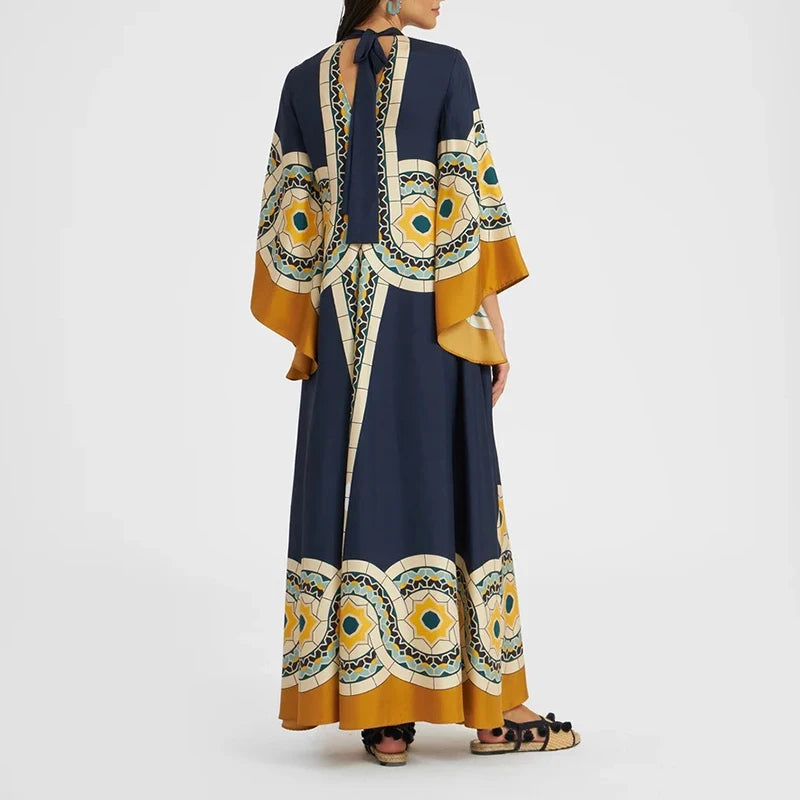 Ethnic Retro Spring Print Boho Long Dress Women Sexy Stand Collar Lace-up Party Dress Fall Long Sleeve Loose Ladies Maxi Dresses