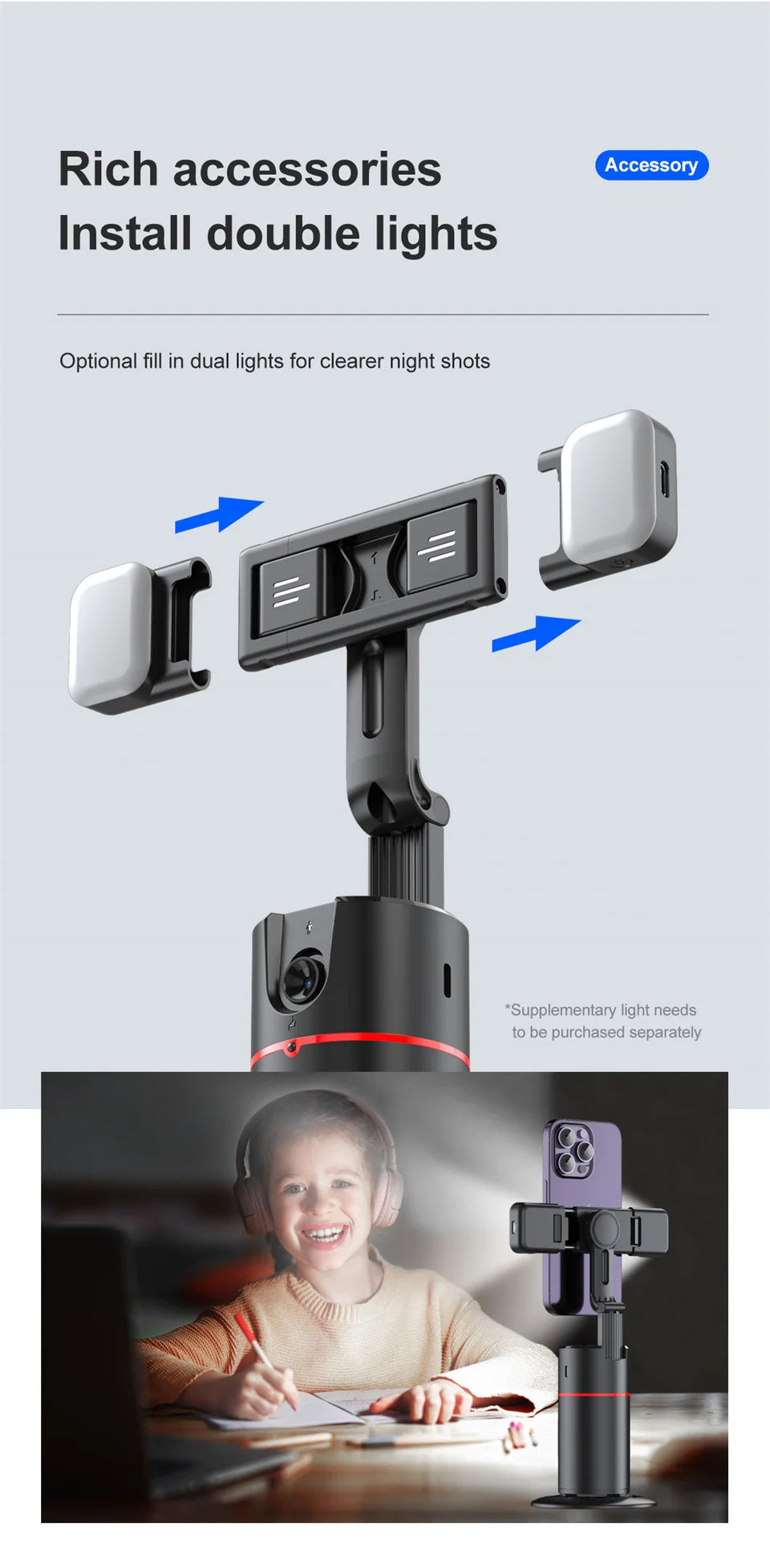 FGCLSY AI Auto Following Gimbal Stabilizer 360 Rotation Phone Stand P02 Desktop Tracking Gimbal with Remote for Live Photography