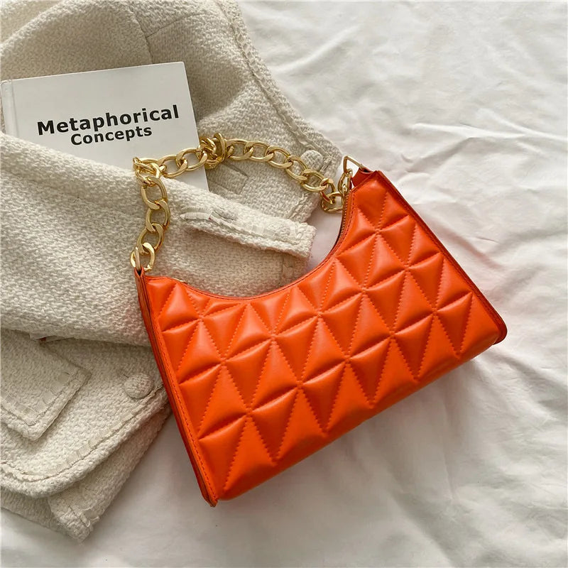 Women's Diamond Pattern Shoulder Bag PU Leather Solid Color Niche Chain Handbag Fashion Females Underarm Shopping Bag