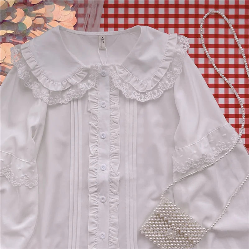 Lolita Shirt White Elegant Women Preppy Style Blouses Cute Peter Pan Collar Lace Ruffle JK Shirts Girls Long Sleeve Blusas Mujer