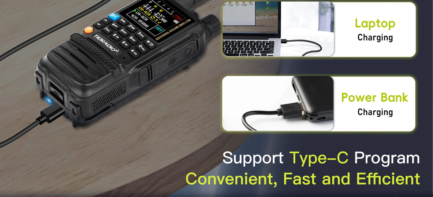 TIDRADIO H3 Walkie Talkie Phone APP Wireless Programming Dual PTT Air Band Long Range Radio USB Type-C Cable Programming &Charge