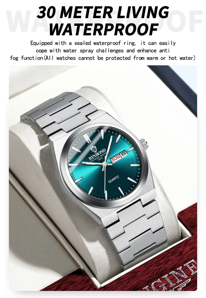 BINBOND Fashion New Men Business Watch Leisure Quartz Stainless Steel Buckle Watches Waterproof Luminous Calendar Men's Watches