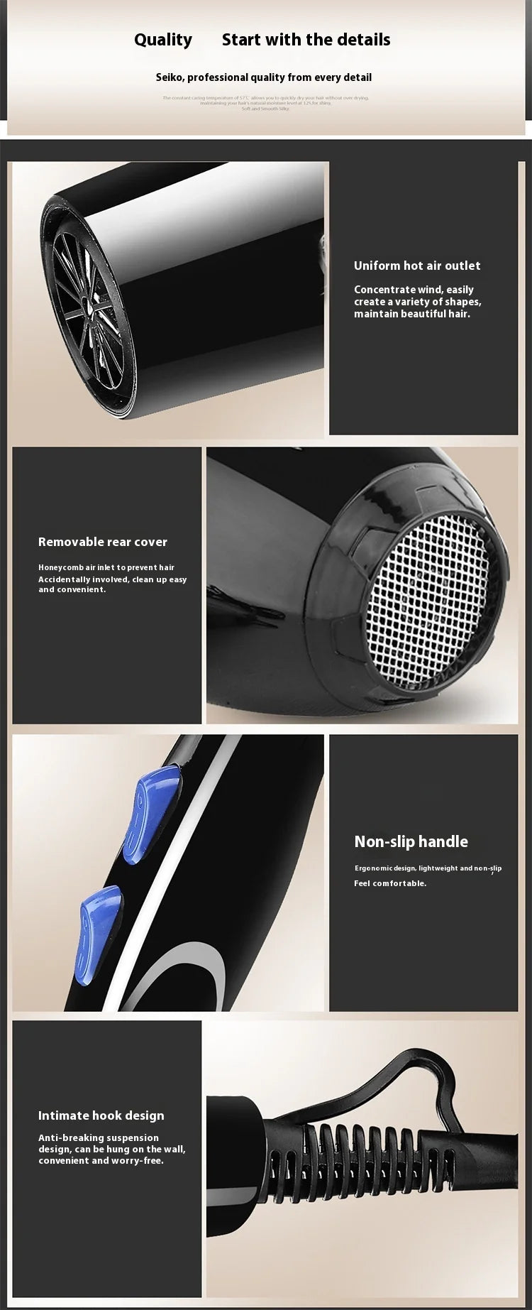 Hair Dryer 2200W Professional Powerful Hair Dryer Fast Heating Hot And Cold Adjustment Ionic Air Blow Dryer with Air Collecting