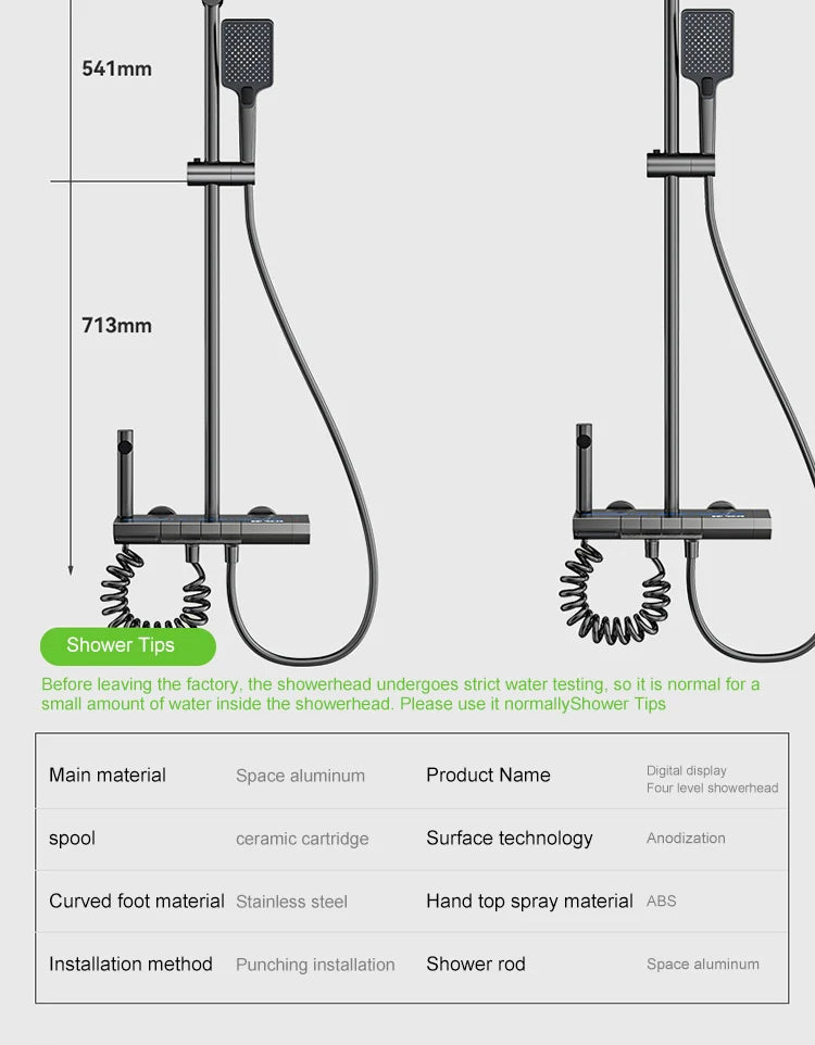 Bathroom Shower Full Set Gray Digital Display Shower System Set Piano Button With Ambient Light Faucets Shower Head