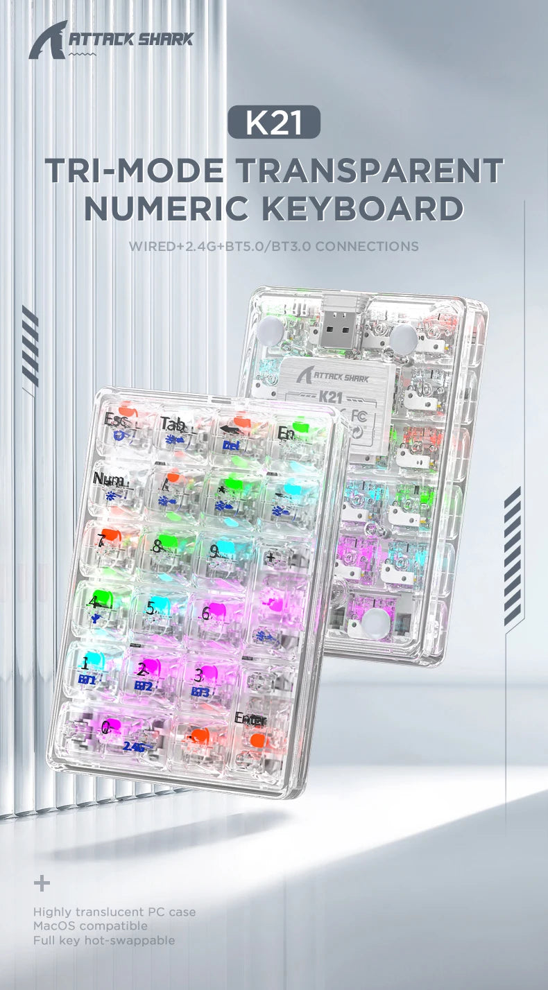 K21 21-Key Mechanical Keyboard, BT/2.4Ghz/USB-C Connection, Colourful Lighting, Full Key Hot-Swap for PC Laptops