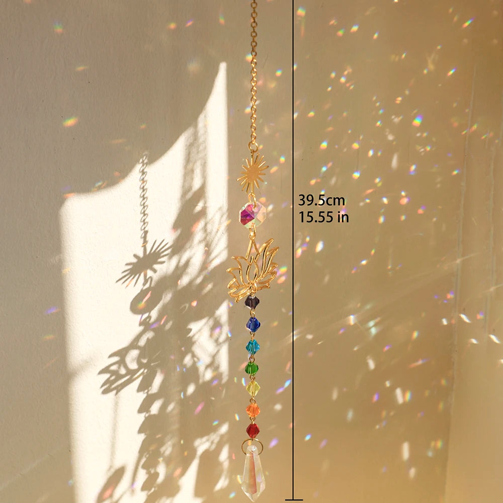 Crystal Sun Catcher Lotus Hanging Suncatcher Rainbow Maker Chakra Light Catcher Stained Glass Window Outdoor Garden Decoration